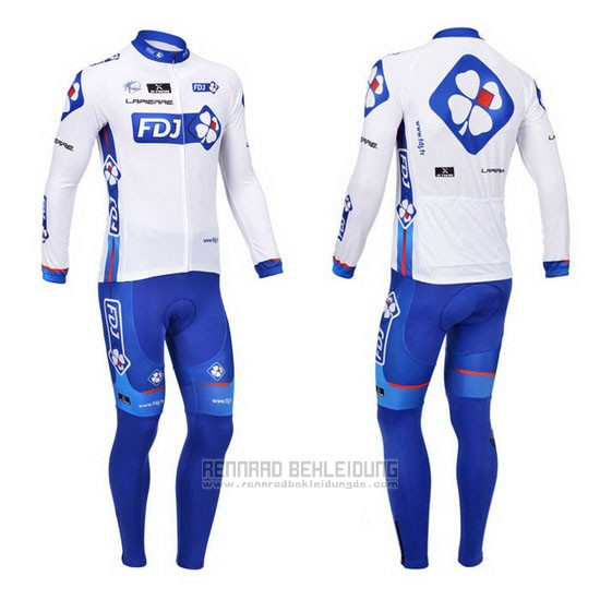 2013 Fahrradbekleidung FDJ Wei und Azurblau Trikot Langarm und Tragerhose - zum Schließen ins Bild klicken